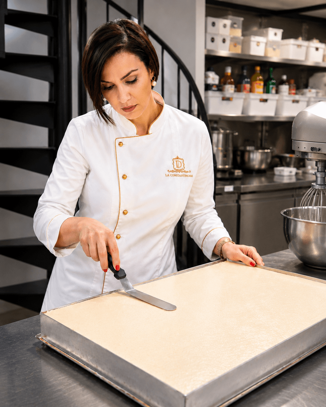 Madame Saoussene Raymond travaillant une préparation dans l'atelier de La Constantinoise