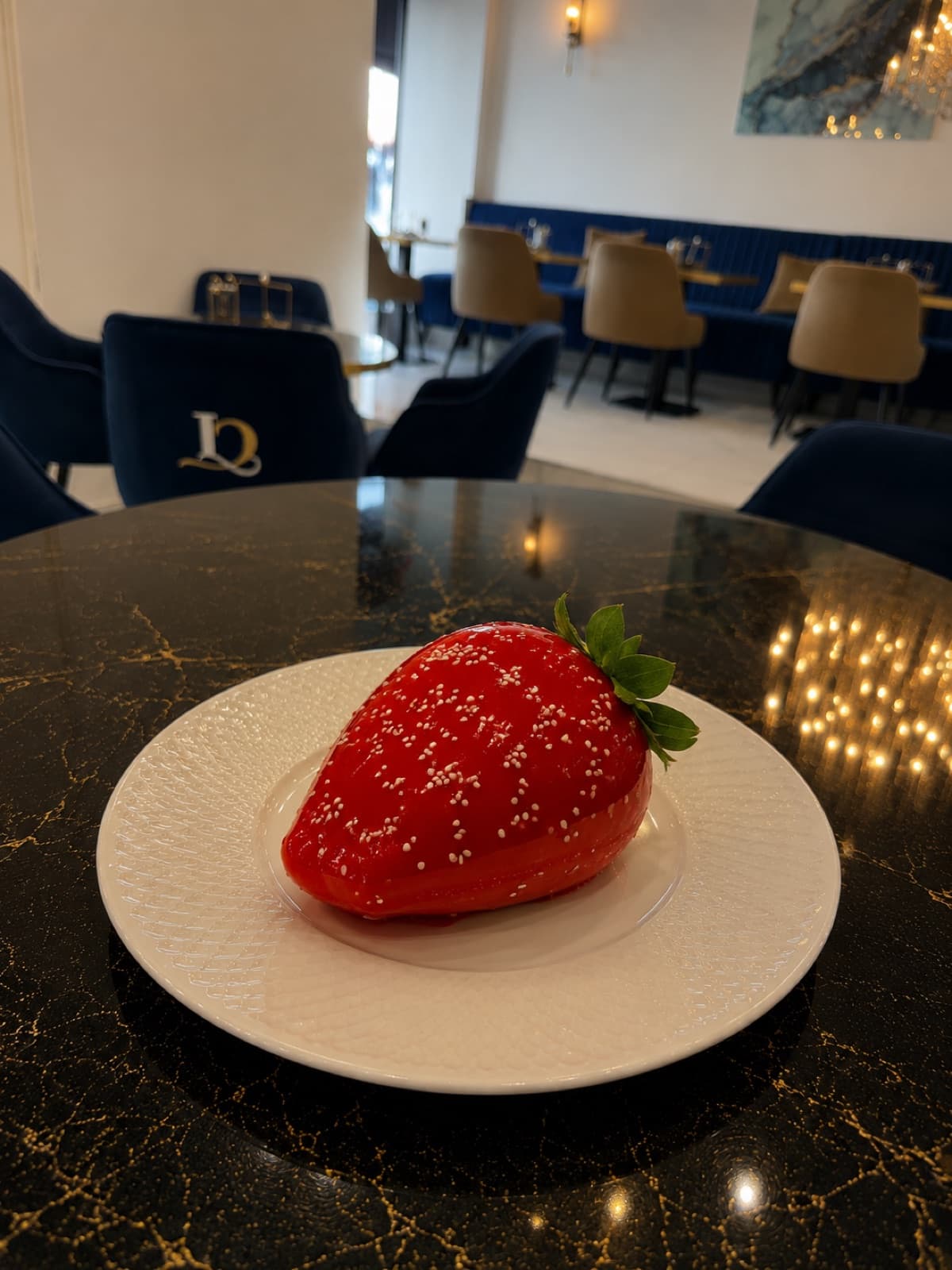 Pâtisserie trompe-l'oeil en forme de fraise sur assiette blanche