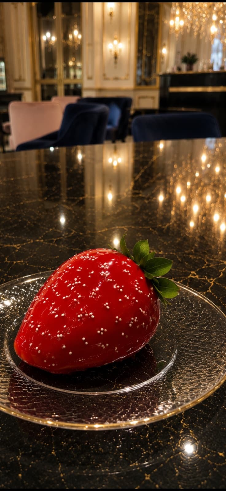 Pâtisserie trompe-l'oeil en forme de fraise sur plateau transparent