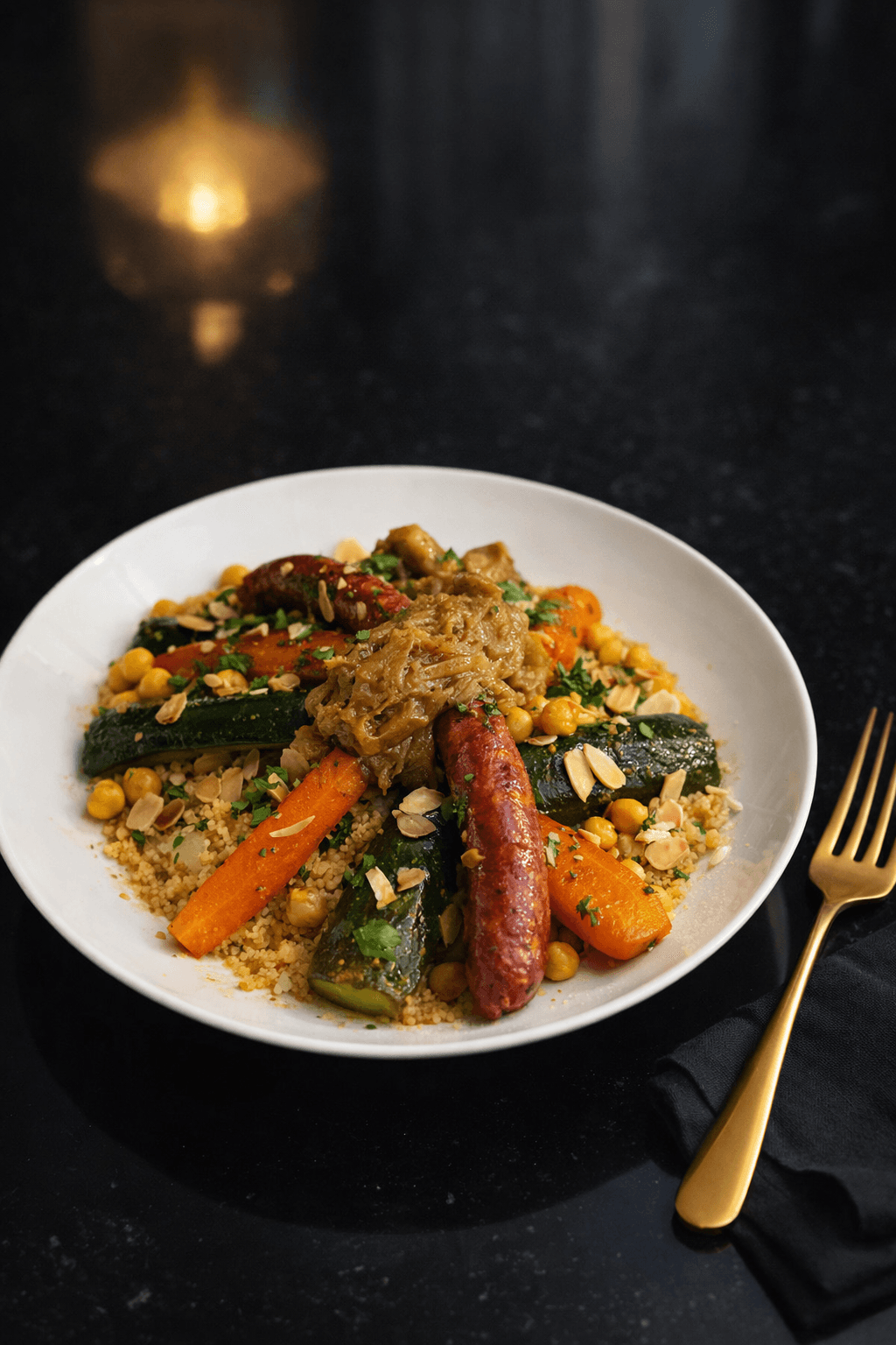 Couscous signature de La Constantinoise servi avec légumes, semoule et amandes